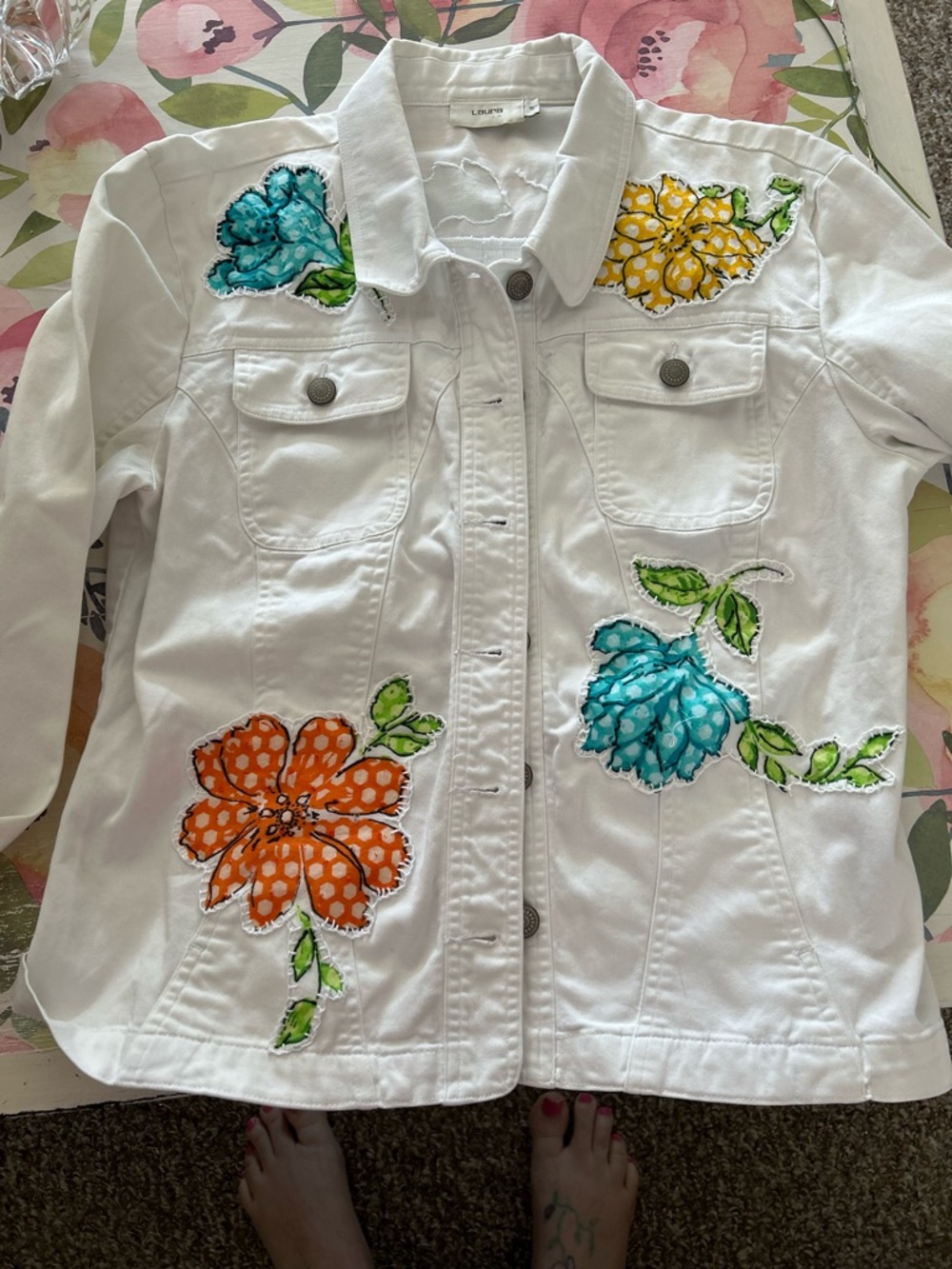 Up cycled White Floral Appliqué Jean Jacket - Women